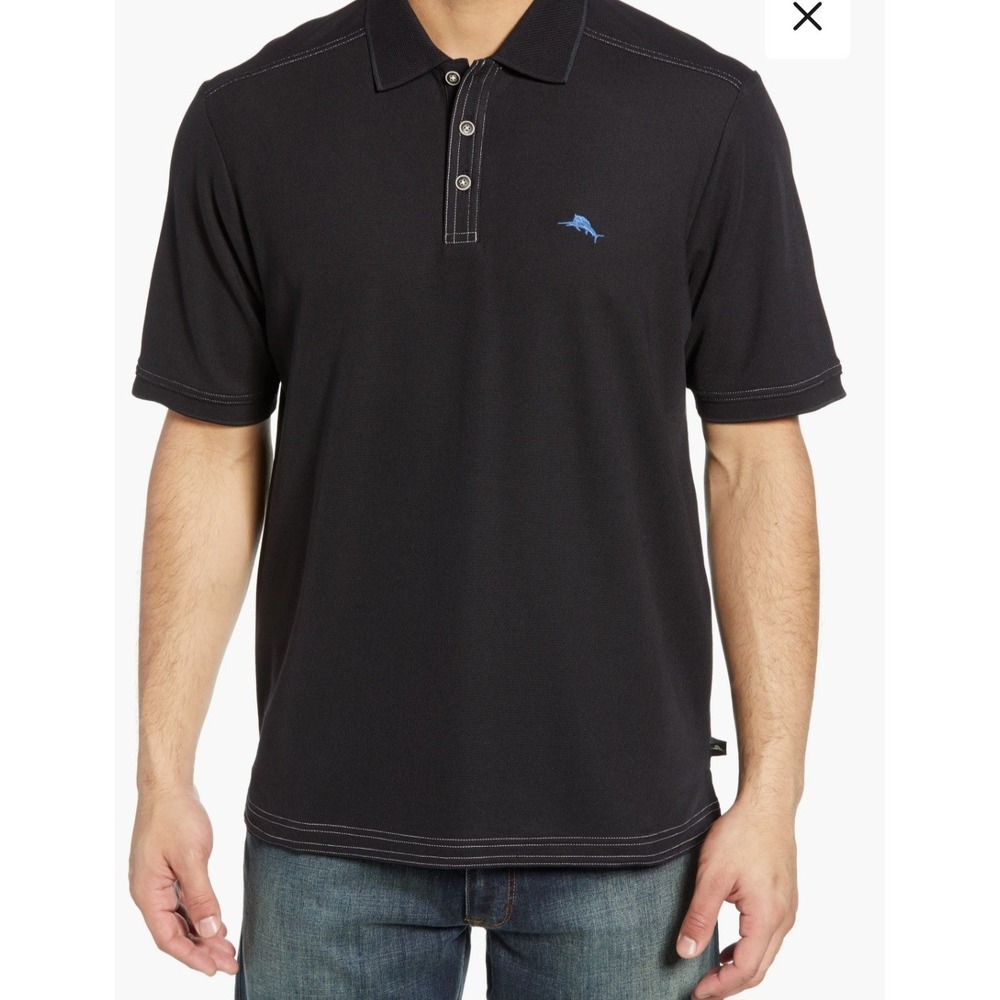 Tommy Bahama Island Zone Polo Mens Large Black Contrast Stitch Supima Coastal